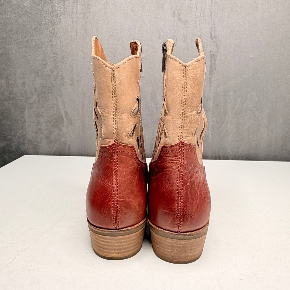 Lucky Brand Herzie Boots Womens 11 Red Tan Leather Cutout Western Ankle Boot New - Picture 3 of 10